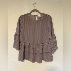 Time & Tru Striped Peplum Ruffle Long Sleeve Stripped Black & Maroon Blouse